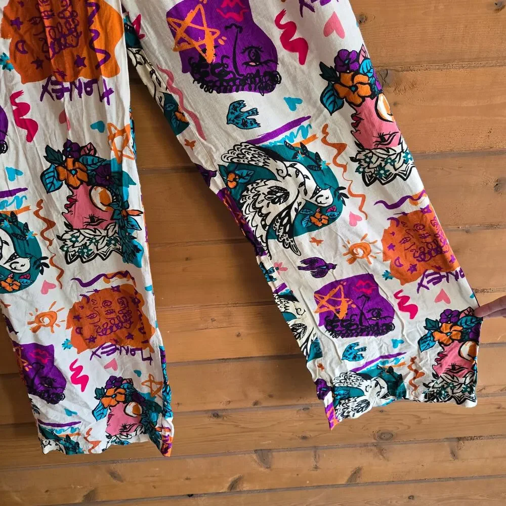 Milk & Honey Graphic Pant Wide Leg Boho Pinup Tropical Beachy Large Y2K Flowy - Picture 5 of 7